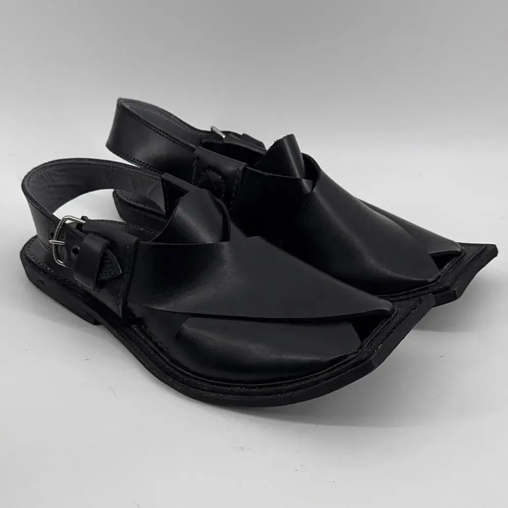 GUL Handcrafted Black Leather Peshawari Chappal Sandals Men’s Size 9 Buckle